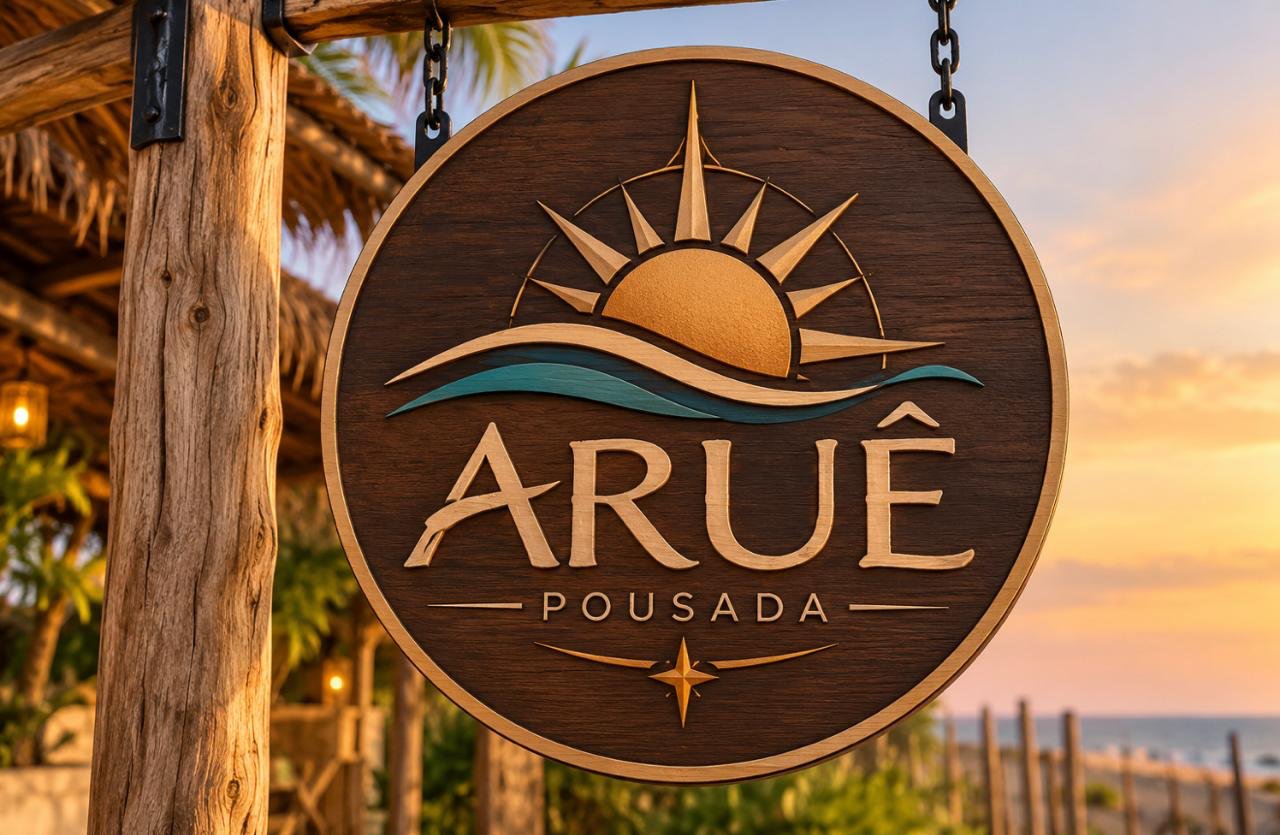 Placa de madeira da Pousada Aruê, com sol, onda e o nome Aruê, ao pôr do sol na praia